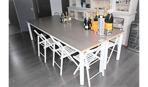 2 houten tafels afm plm 304x65x76cm pluys 7 stoelen